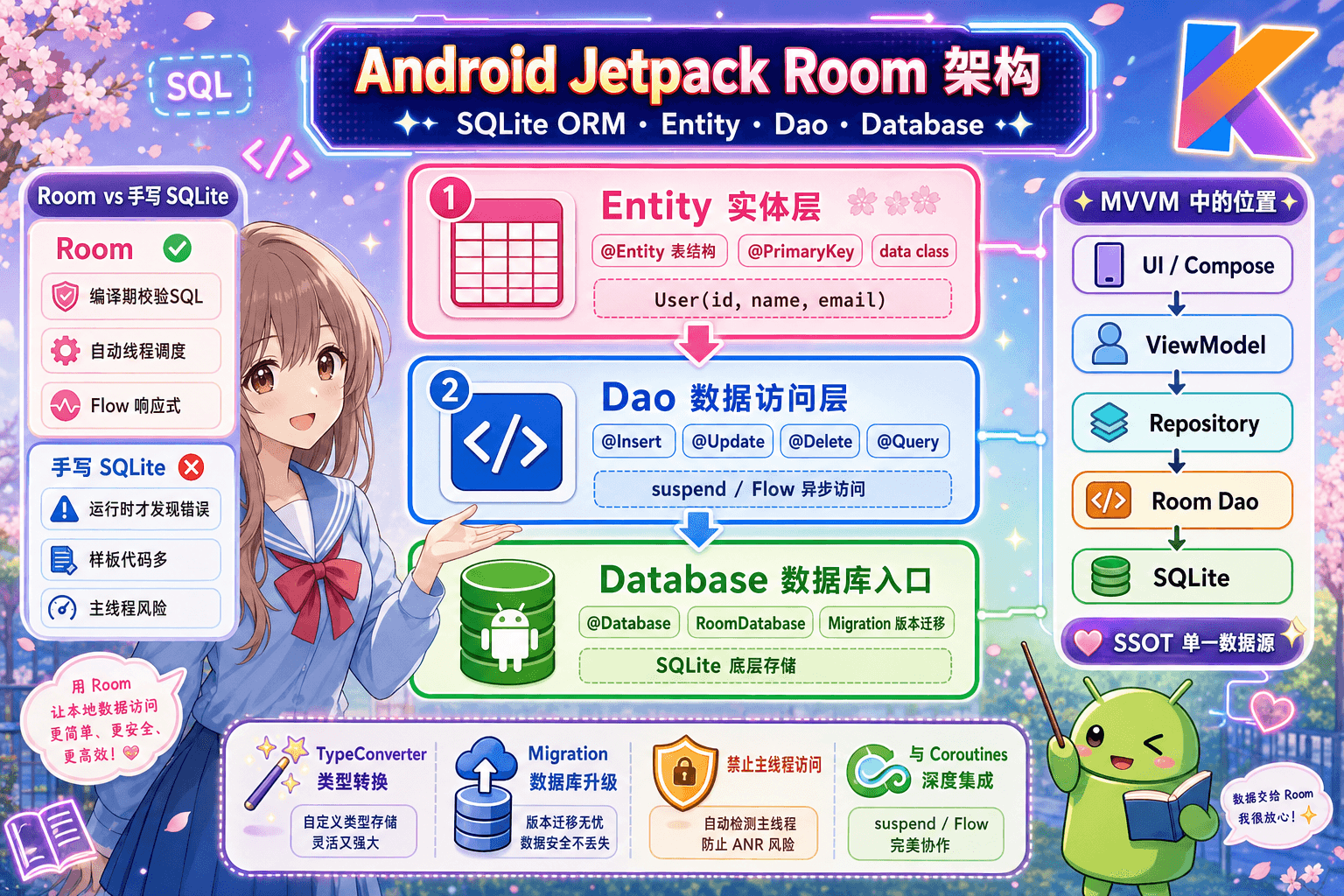 Android Jetpack Room 架构总览：Entity → Dao → Database 三层结构，以及在 MVVM 中经由 Repository 连接 SQLite 的数据流