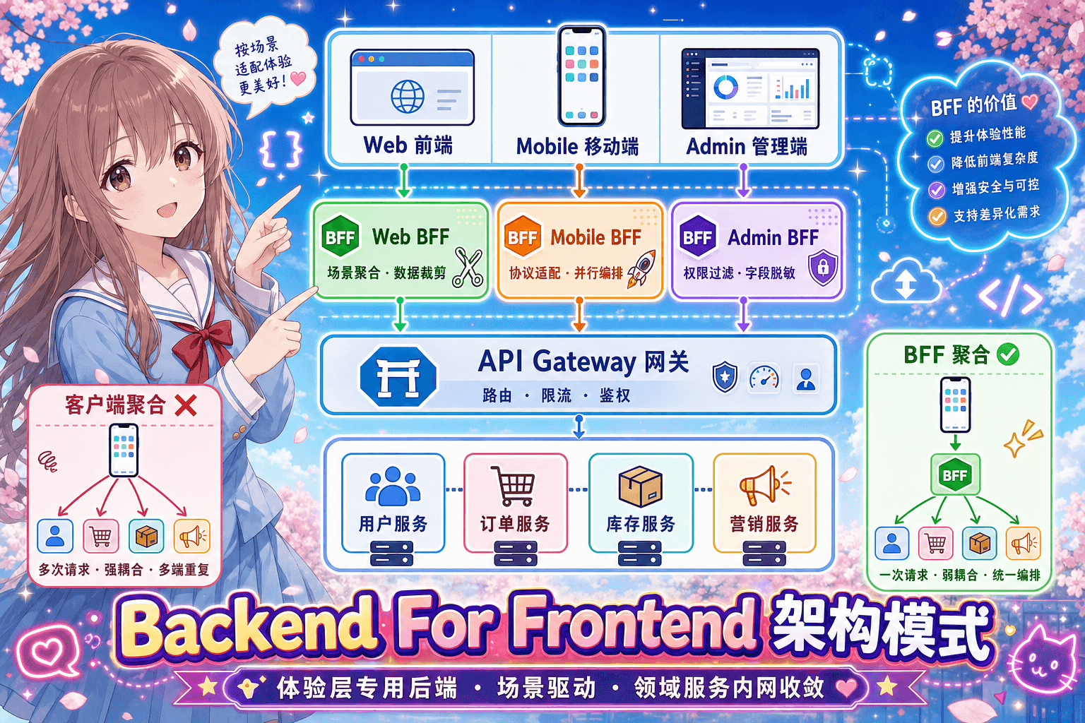 BFF 架构总览：客户端 → 专用 BFF 层 → API Gateway → 领域微服务，以及与客户端聚合模式的对比