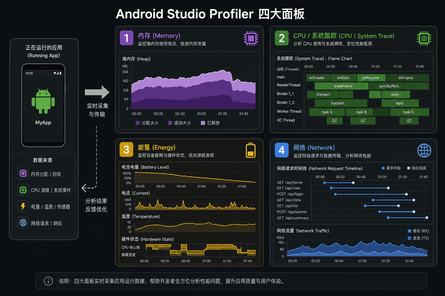 Android Studio Profiler 四大面板：Memory、CPU、Energy、Network 与调试进程的 attach 关系