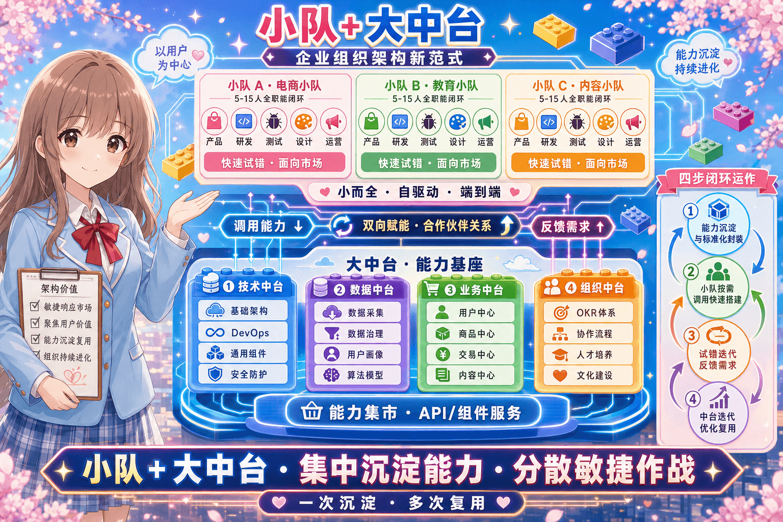 小队+大中台架构总览：小前台敏捷小队面向市场快速试错，大中台四大模块沉淀通用能力，双向赋能形成四步闭环