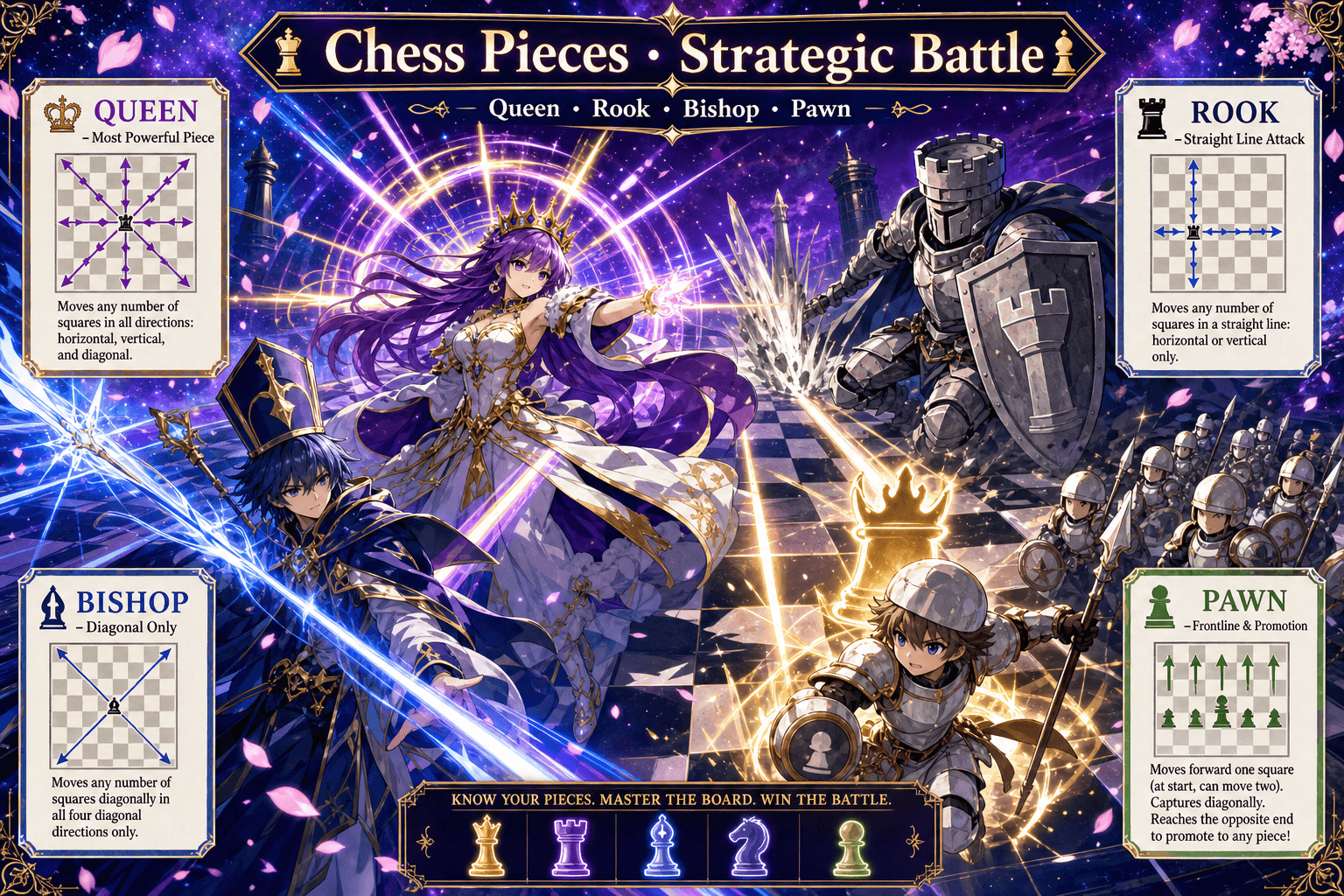 Chess Pieces Strategic Battle: Queen, Rook, Bishop, and Pawn each wield their unique movement patterns in an epic anime-style showdown on the board