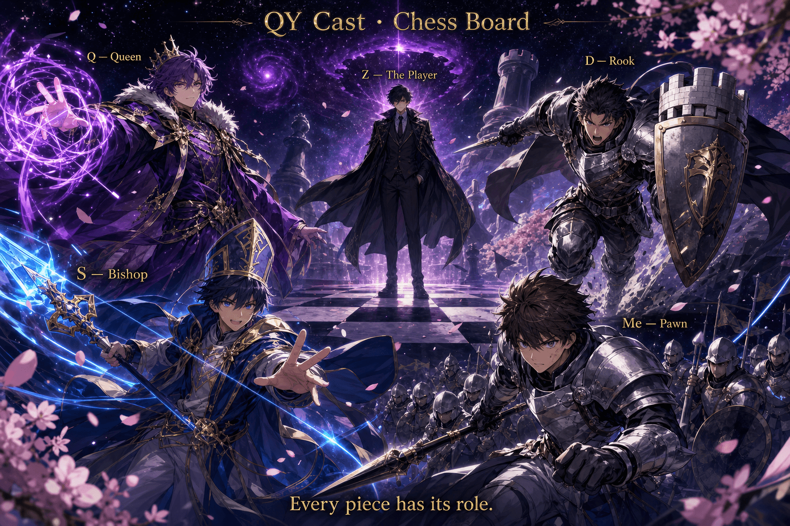 QY Cast • Chess Board: Z as The Player, Q as Queen, D as Rook, S as Bishop, Me as Pawn