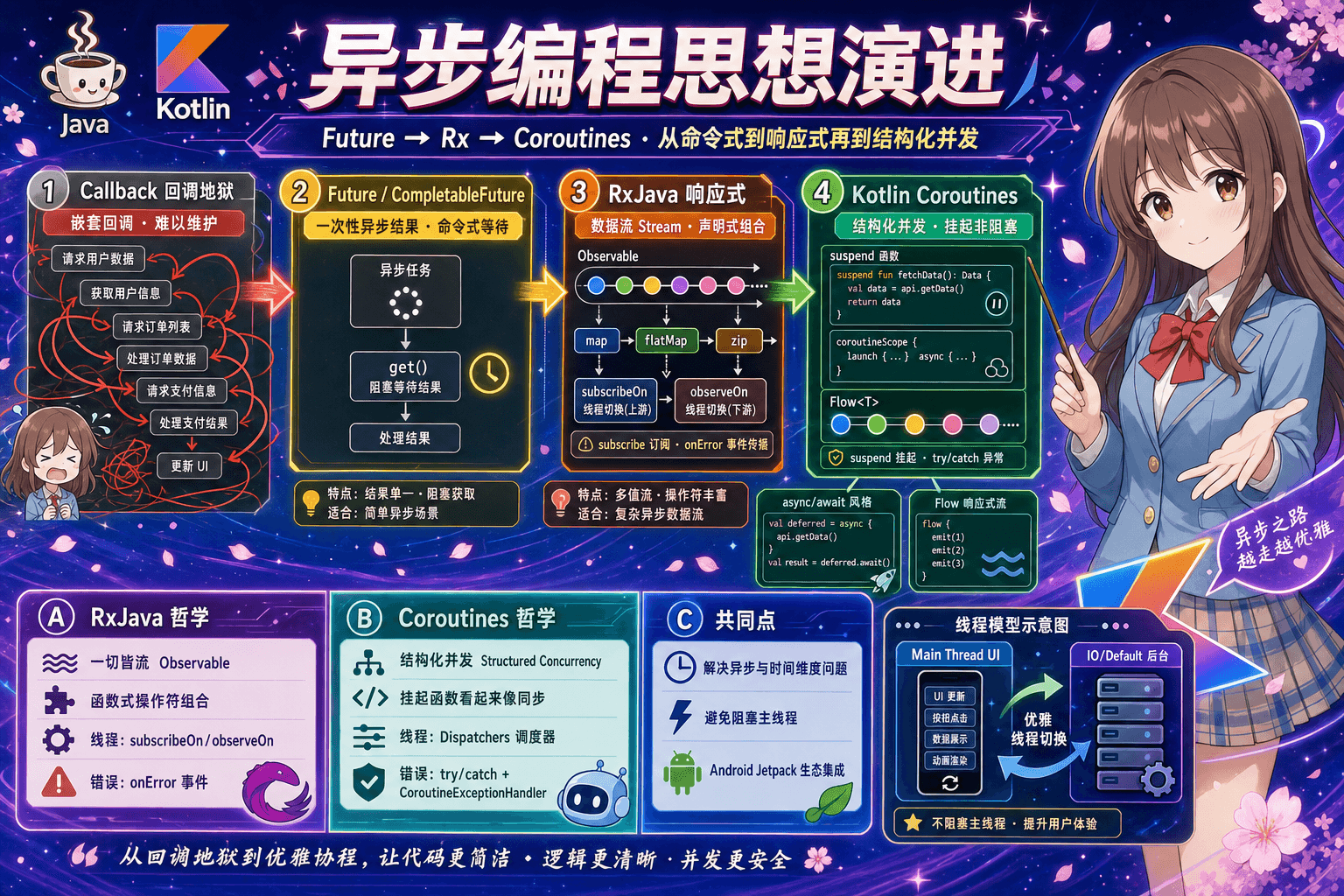 异步编程思想演进总览：从 Callback 回调地狱、Future 一次性结果，到 RxJava 响应式数据流，再到 Kotlin Coroutines 结构化并发与 Flow