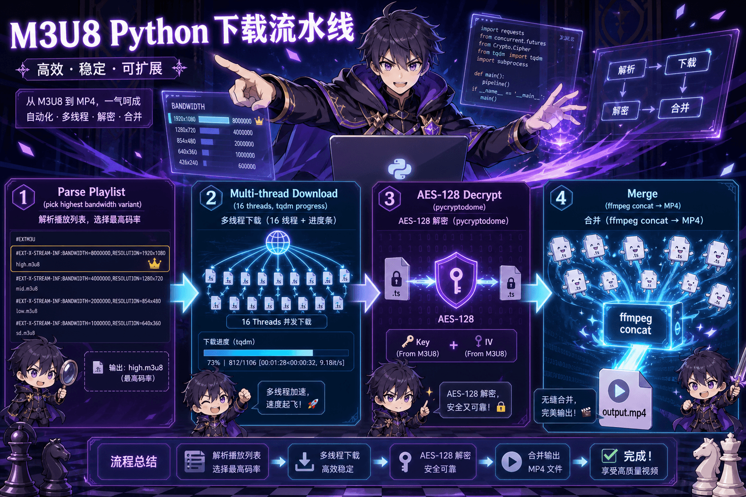 M3U8 Python 下载流水线：解析清单 → 多线程下载 → AES-128 解密 → FFmpeg 合并为 MP4