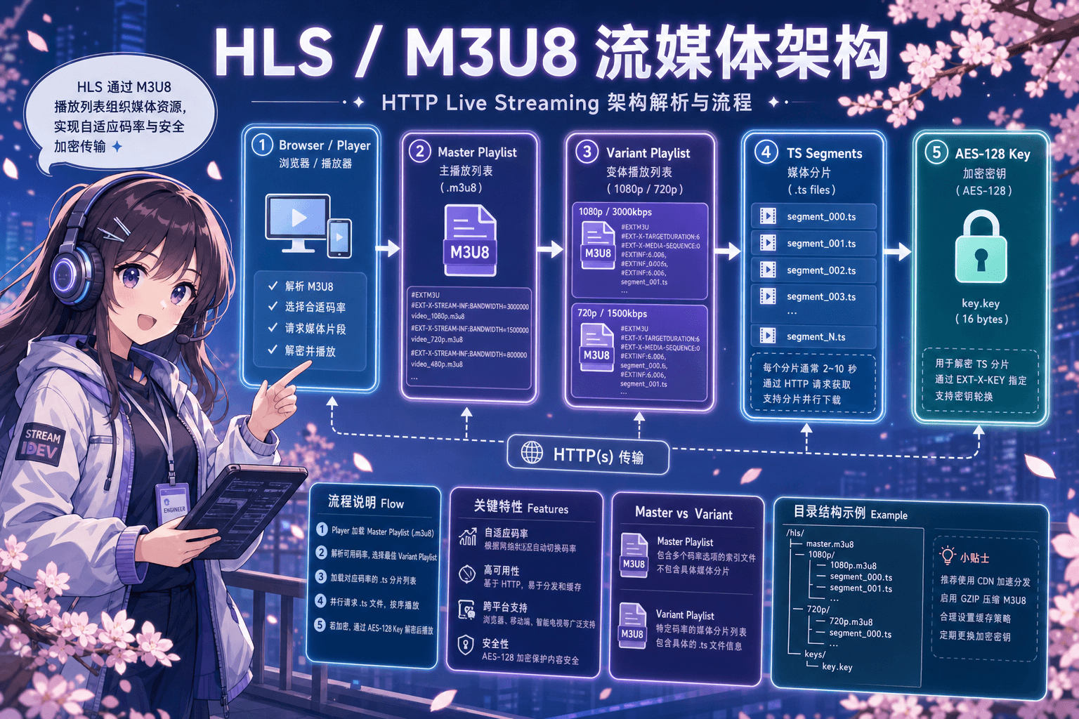 HLS / M3U8 流媒体架构：Master Playlist 选择清晰度，Media Playlist 列出 TS 分片，EXT-X-KEY 声明 AES-128 密钥