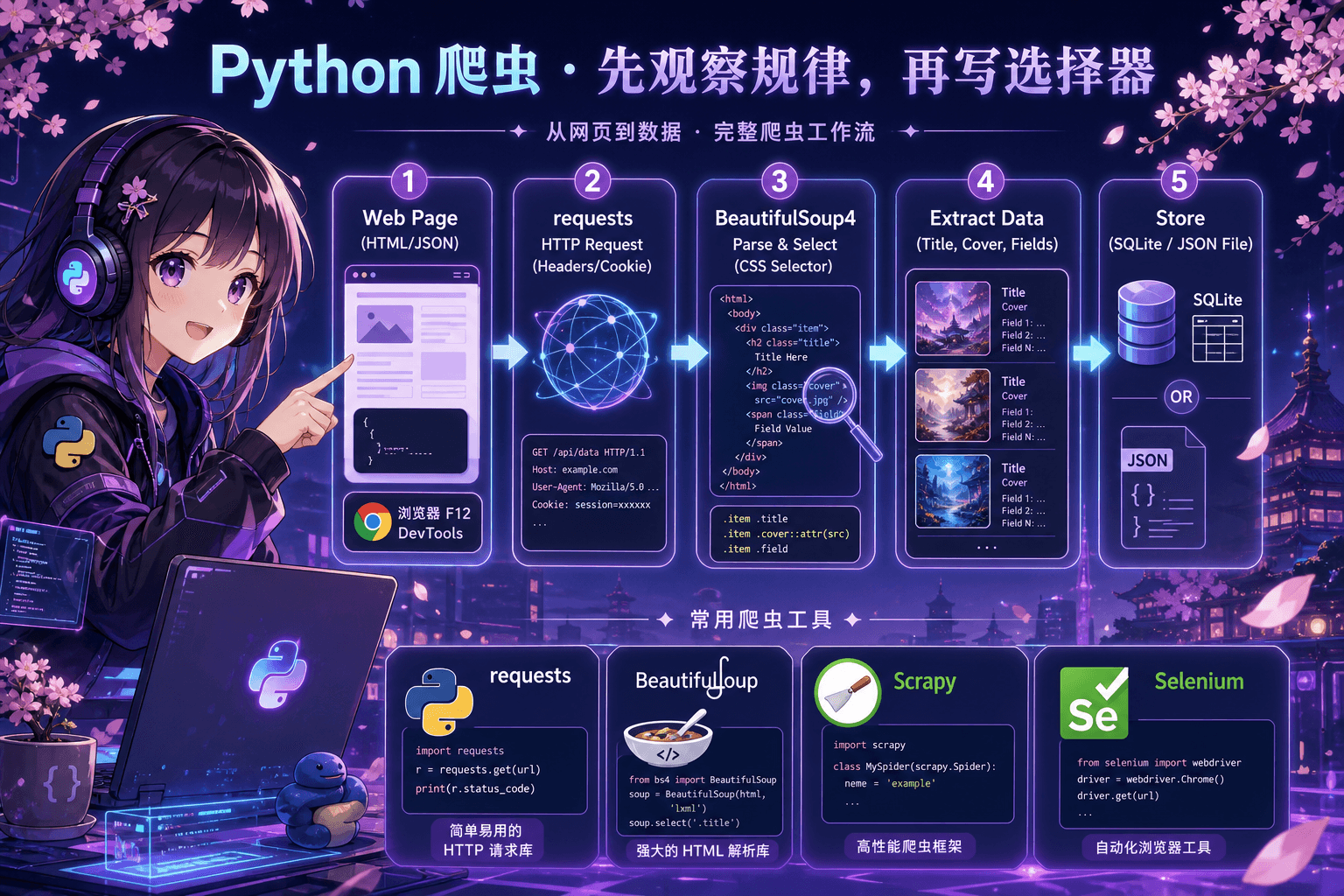 Python 爬虫工作流：观察页面规律 → requests 发起请求 → BeautifulSoup 解析选择器 → 提取结构化数据 → 本地存储