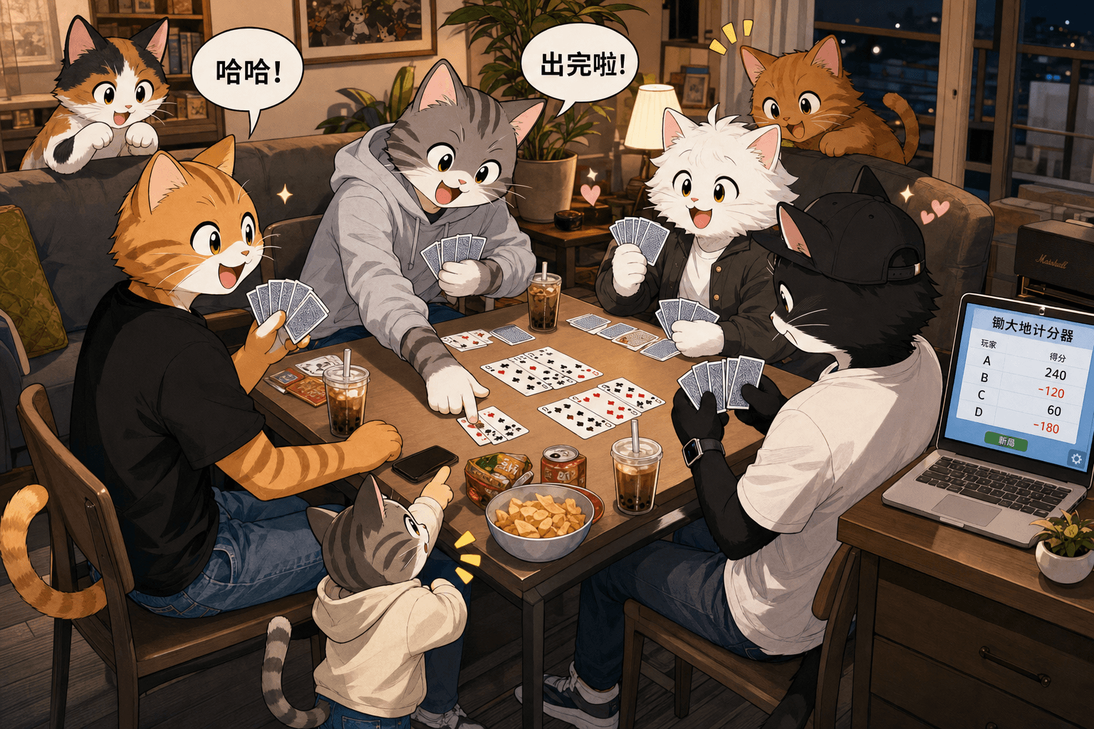 二次元猫耳朋友聚会：参考 cat1 风格的拟人化小猫围桌打锄大地，旁有几只小猫围观，笔记本运行计分辅助程序